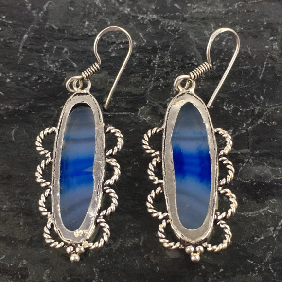New Striped Blue Botswana Agate Large Stone Silver Hook Dangle Earrings - Picture 6 of 9